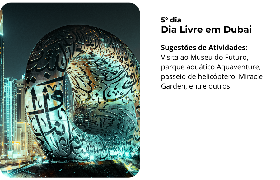Recepção no Aeroporto Transfer para o hotel e acomodação. Dia Livre Explore a cidade ao seu ritmo. (Check-in a partir das 15h). (5)